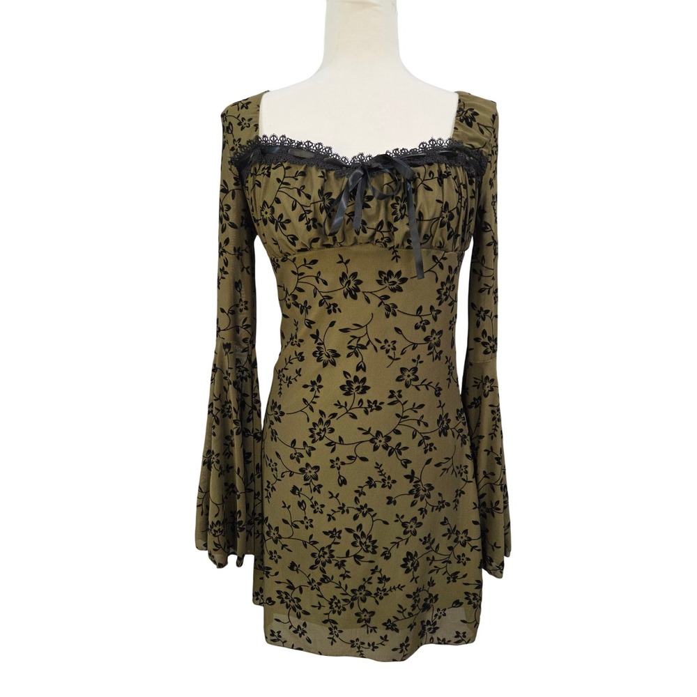 Junior L Olive Green Floral Mesh Mini Babydoll Dress Bell Sleeve Fairycore